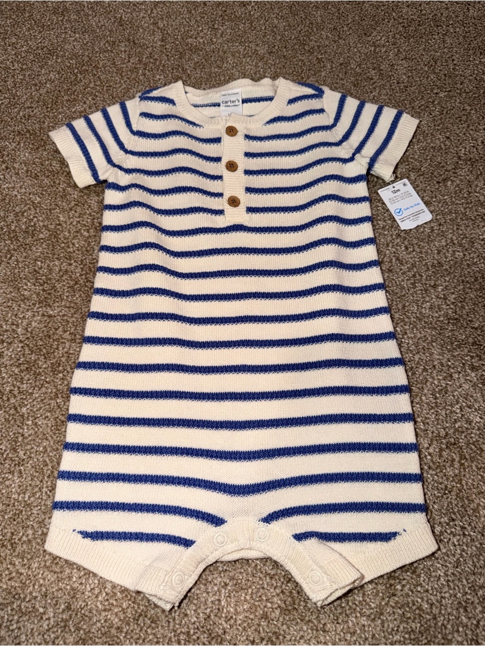 Carter's Cream and Blue Striped Knit Short-Sleeve One-Piece